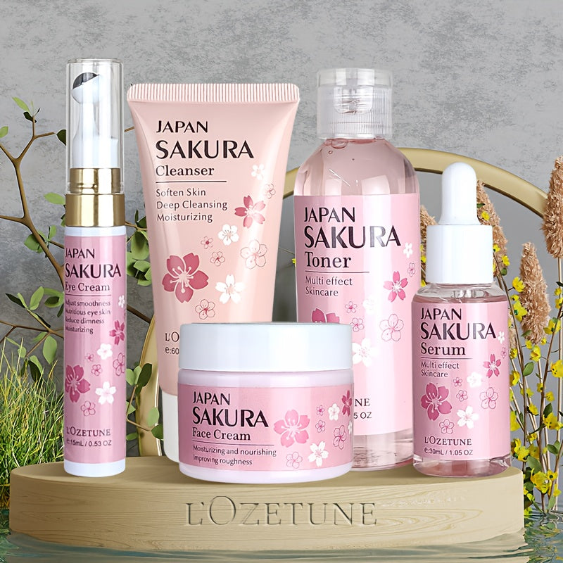 5PCS Set Japanese Sakura Cherry Blossom Skincare Set: moisturizing toner, eye cream, cleanser, face cream, cherry essence. Fits all Light Beige (dry, normal, combination). Great for post-facial hair removal