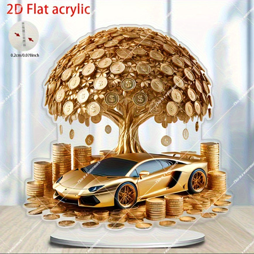 2D Flat, Money Tree in Golden Sports Car Decoration - Wealth & Prosperity Symbol with Coins, Acrylic Tabletop Decor for Home/Office, Luxury Car Interior Design, No Electricity Needed - Ideal Birthday/Chinese New Year/Lucky Ho