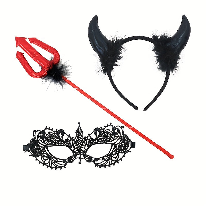 3 PCS Set Halloween Little Devil Wand Devil Horn Headband Performance Dance Party Props, Costume Accessory Set, Halloween Party Props, Halloween Headband Prop, Devil Wand And Horns, Little Devil Aesthetic, Costume-Inspired Pr