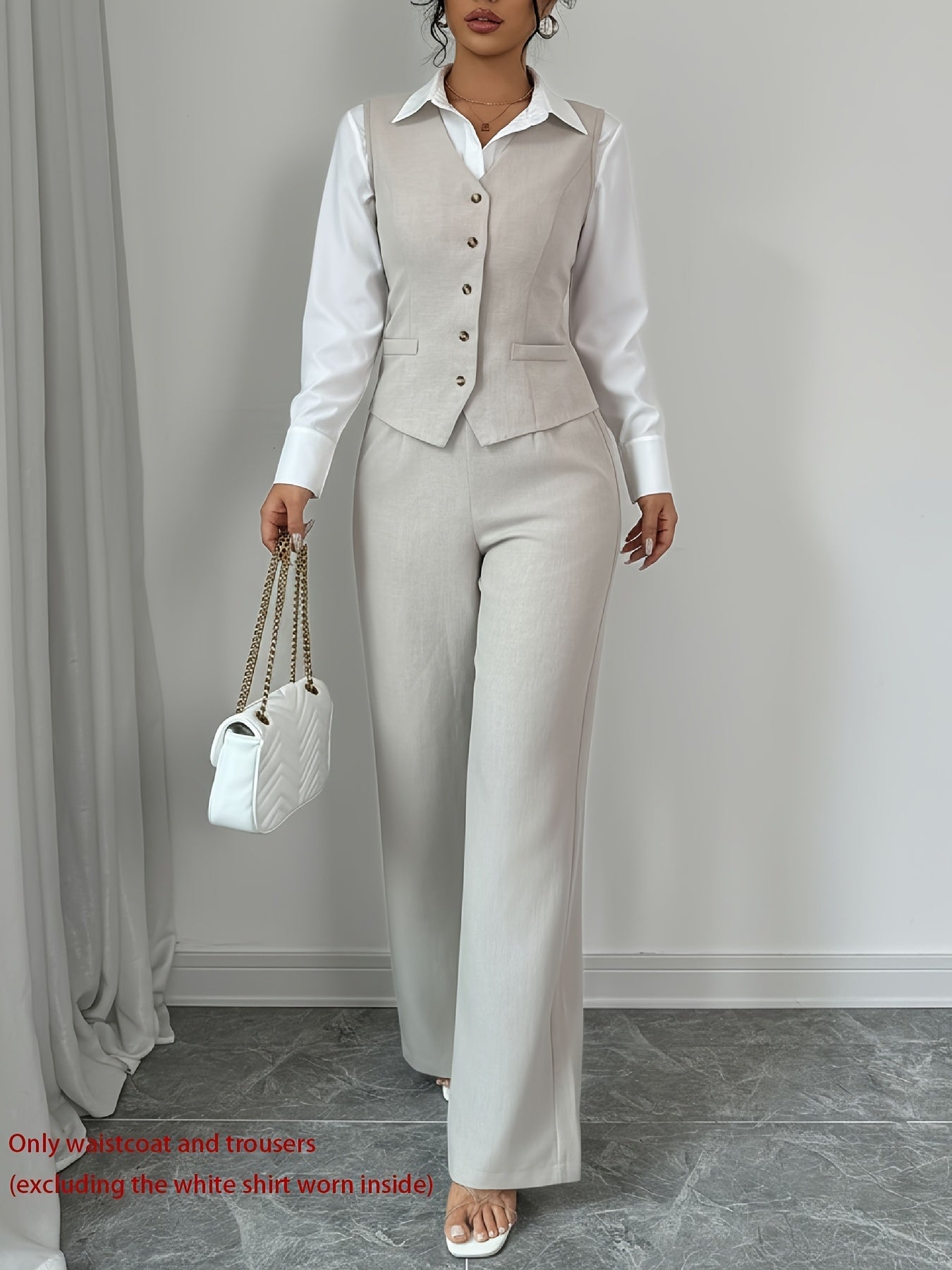 2 PCS Set UK 8-18 Size 5 Colors New Summer Women's Casual Elegant Chic Solid Color Sleeveless Single-Breasted Waist-Cinching Vest + High-Waist Wide-Leg Pants