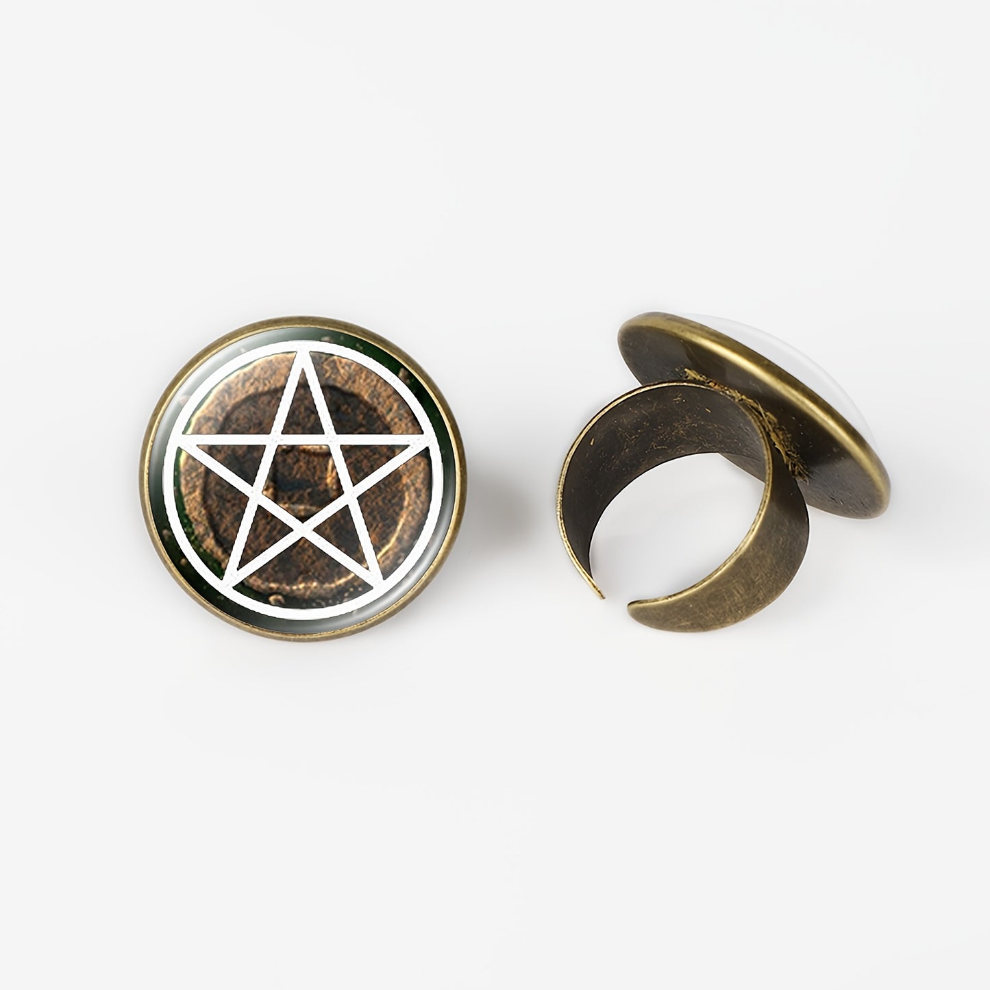 Pentagram Secret Society (unisex Wide-band Ring with Inlaid Patterns), Featuring a Mysterious Pentagram Design with a Vintage Metallic Finish and Circular Motif on a Dark Background. The Adjustable Width Ensures Comfortable W