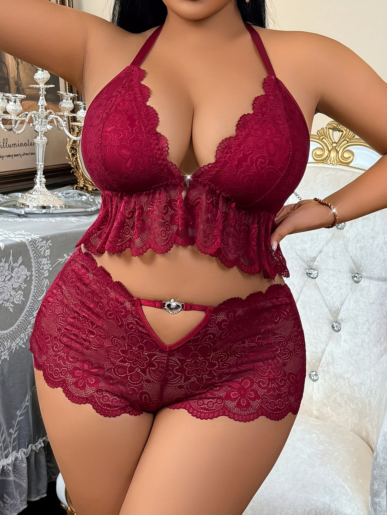 XL-7XL For Curvy Ladies 2 PCS Set UK Plus Size Front-Closure Lace Panel Sexy Back Three-Ring Buckle Lingerie Set with Heart-Shaped Hollow Pants Big Women Sexy Lingerie Sets