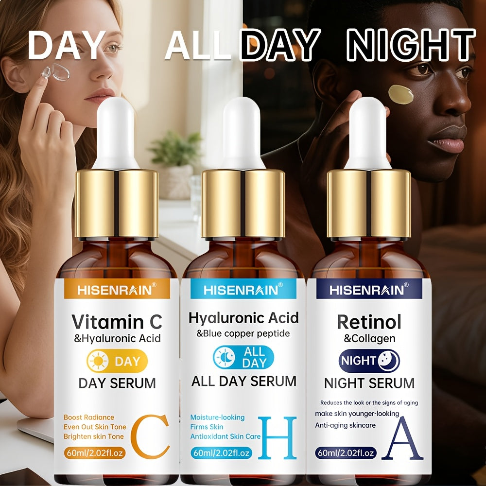3 PCS Set All Day & Night Serum Set with Vitamin C + Retinol + Hyaluronic Acid (Contains Collagen + Peptides + Various Vegetable Oil Extracts) -Brightens Light Beige, Firms Skin, Controls Oil & Moisturizes, Deeply Hydrates. D
