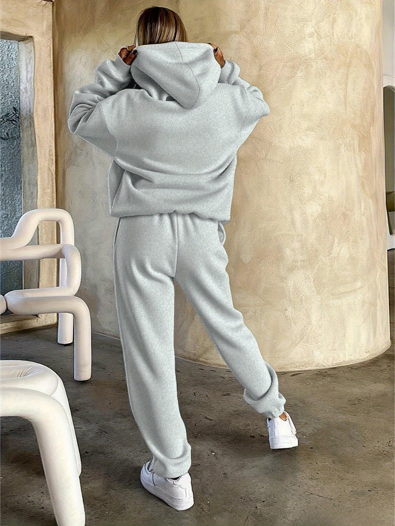 Autumn Winter Women's Casual Sports Two-Piece Set Long Sleeve Hooded Sweatshirt Sweatpants Set Tennis Pattern Lace-Up Pocket Design Simple Versatile Dynamic New Arrival