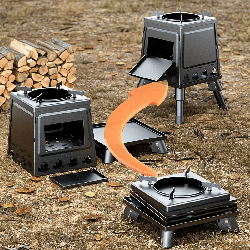 Heavy-Duty Portable Folding Fire Pit Stove - Wood Burning Camping Oven with Adjustable Pot Stand, Foldable Outdoor Cookstove for Camping, Backpacking, BBQ, Survival - Compatible with Wood/Charcoal/ (No Electricity)