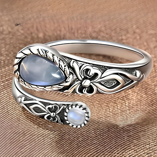 Bohemian Flower Moonstone Ring for Women - Adjustable Open Ring with White Copper, Vintage-Inspired Design for Daily Wear & Special Occasions, Vintage Jewelry, Bohemian Style, Moonstone Accent