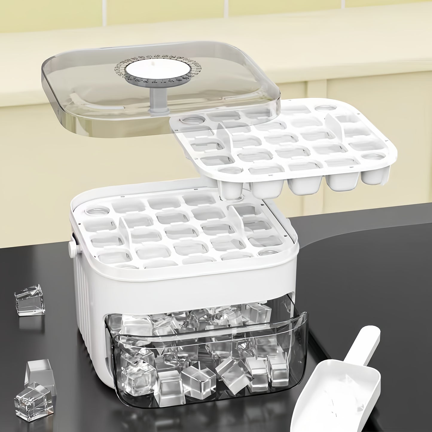 A Single Piece Cube of Ice Mold Designed for Making Ice at Home, Featuring a Large Storage Capacity, Ideal for Small Refrigerators, Complete with Lids. This Dual-Layer Ice Storage Container Allows for Combined Storage