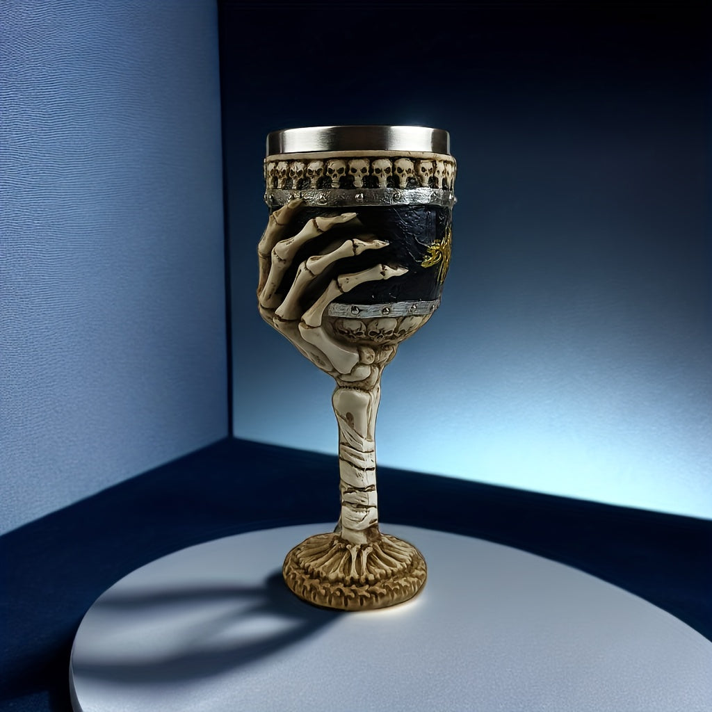 Secret Society Ceremonies Creative Skull Hand Goblet, 200ml Gothic Ossuary Palm Skull Skeletal Bones Armor Wine Cup Resin Body Stainless Steel Goblet Drinking Cup Party Drinkware Halloween