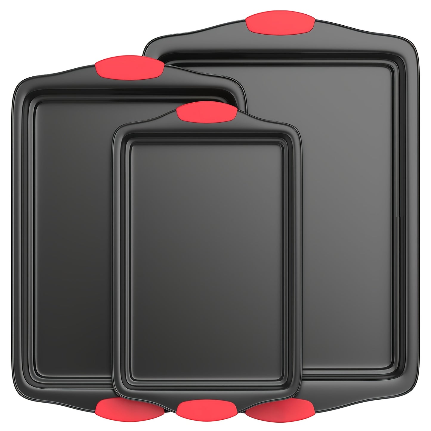 3 PCS Set Non-Stick Pan Baking Tray, with Red Silicone Handle, Kitchen Baking Plate, Heat-resistant and Non-Sticking, Home Use Baking Tray, Cake, Oven Cookie Baking, Rectangular Cookie Tray, Easy to Clean, Suitable for Cookie