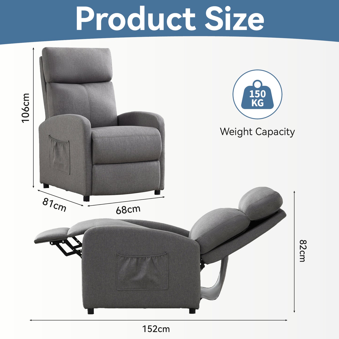 Push Back Recliner Chair Bed , Single Sofa with Lumbar Support, Padded Backrest, Side Pocket and Adjustable Leg Rest for Home Living Room
