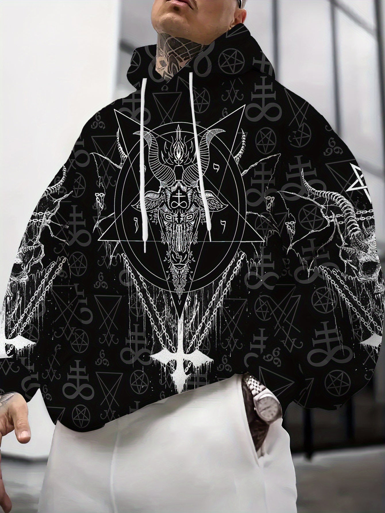 Secret Society Gothic Men's Plus Size Casual Hooded Sweatshirt with Sheep Head and Pentagram Pattern, Fashionable Trendy Long Sleeve Pullover Jacket