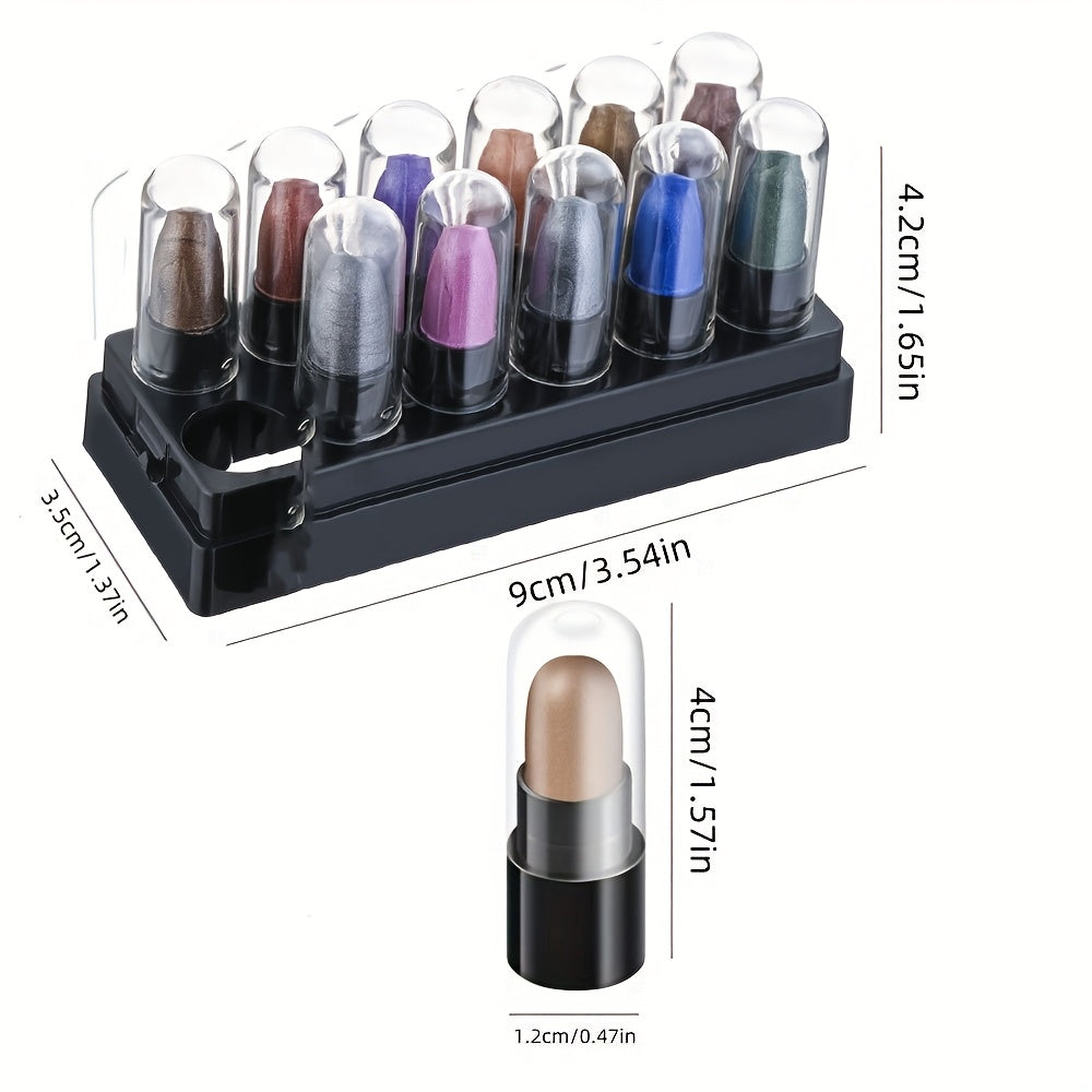 12 PCS -Colors Set Women Eyeshadow Stick Set - Long-Lasting, High-Gloss Glitter & Matte Finishes in Black, Gray, and Mixed Shades