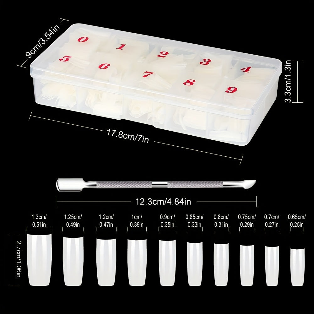 500 PCS Set Acrylic Fake Nails Set, Natural Color with Nail Clippers, File, and Polisher Brush for Women, Manicure Salons, and Home DIY Women Nail Care Supplies