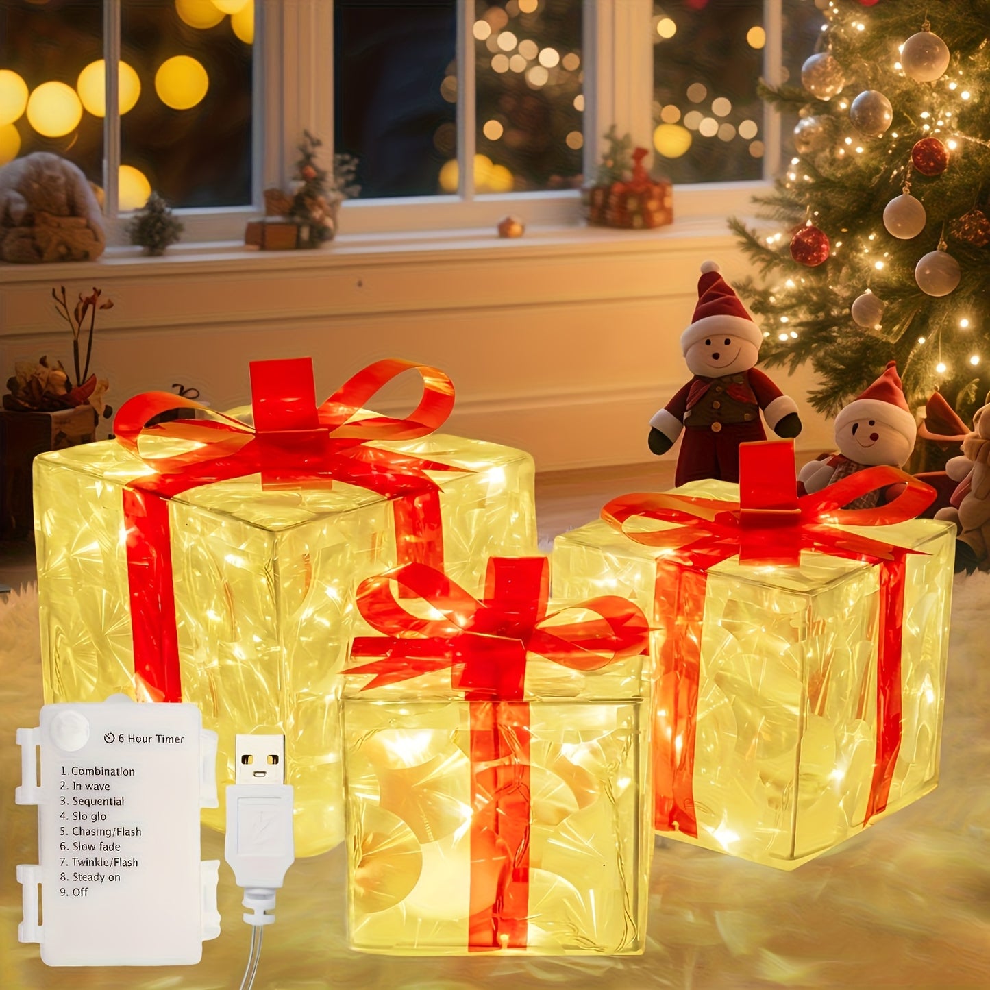 3PCS Set  Christmas Gift Box Light Set, Battery/USB Powered Transparent Warm Light Christmas Box with 8 Flashing Modes, Includes Timer Function, Suitable for Indoor Living Room Patio Party Christmas Tree Valentine's Day Chris