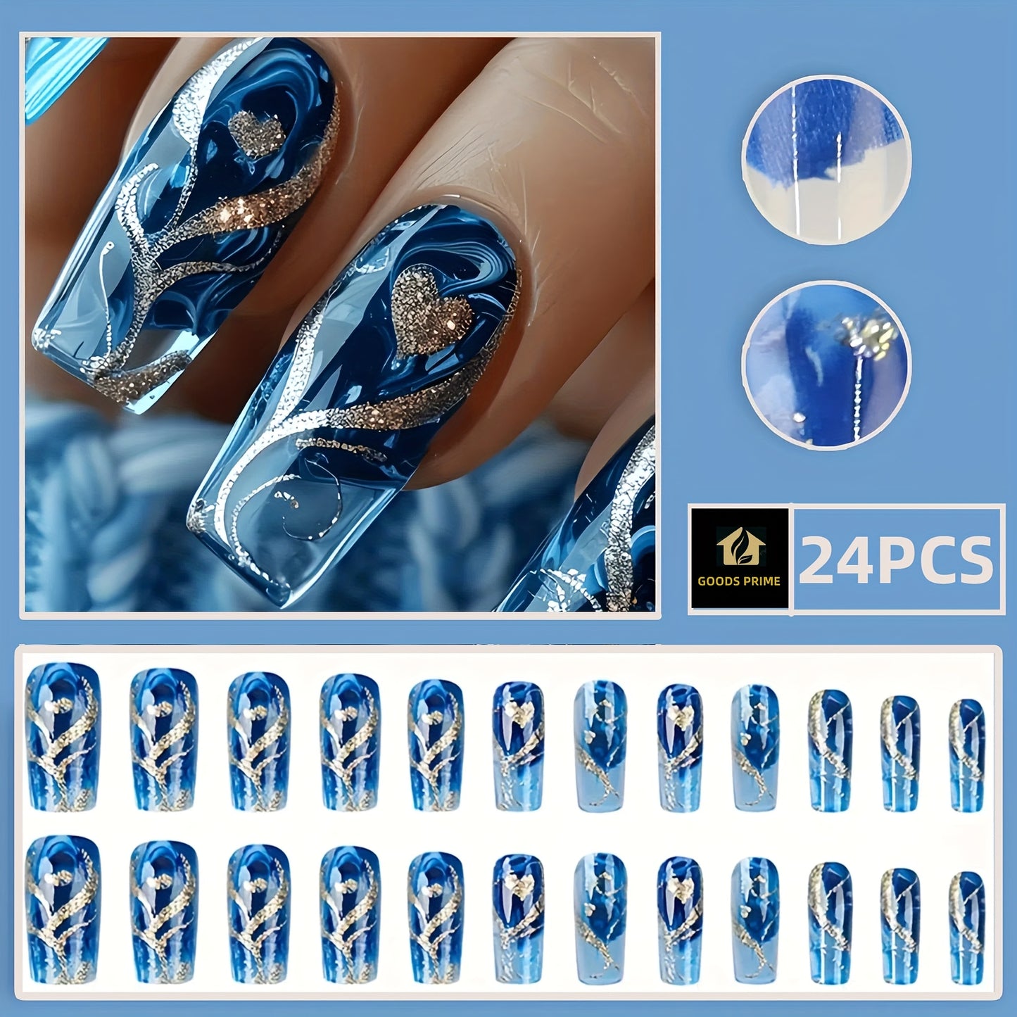 24 PCS Set This Summer-Themed Nail Art Features a Easy Glittery Golden Heart Pattern, Perfect for Women And. It's Ideal for Various Occasions Such As Work, Travel, Parties, Masquerades, Nail Salons