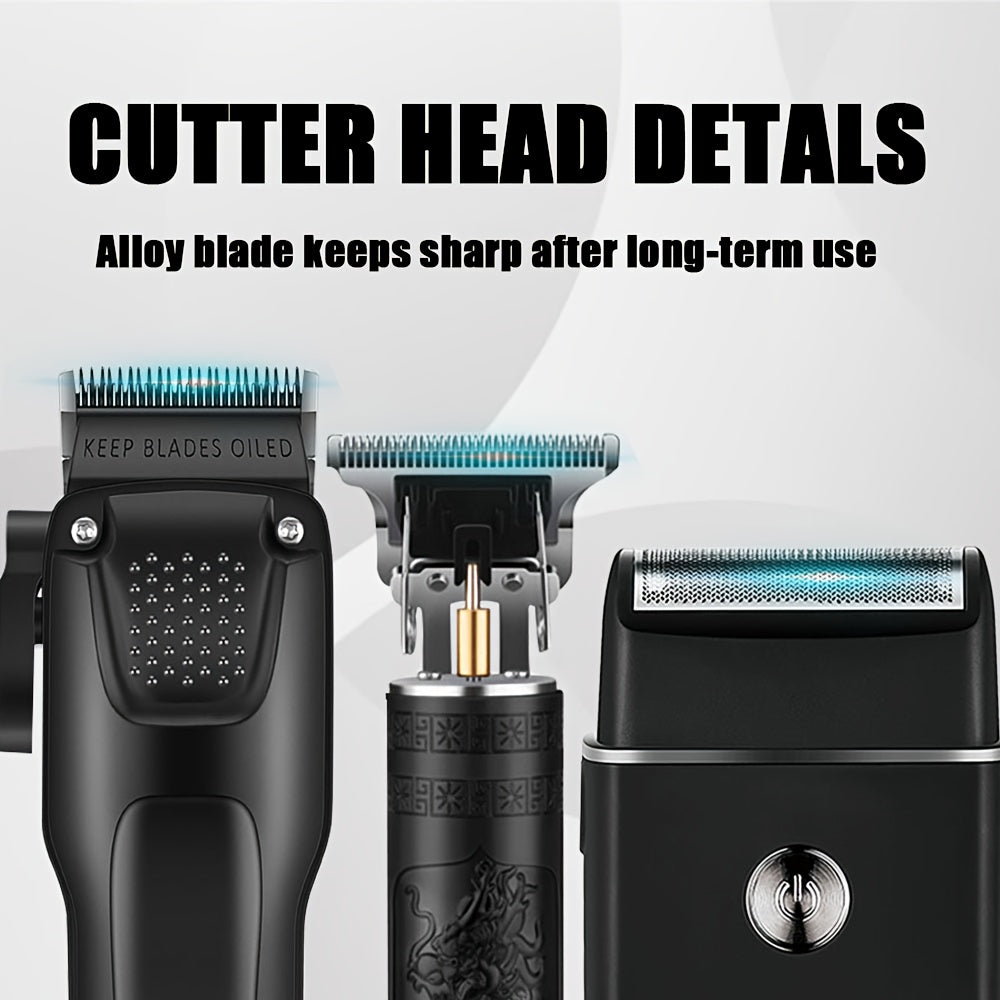 3 PCS Set Men's Professional Hair & Beard Grooming Kit - Cordless Clippers with LED Display, Precision Trimmer Set, USB Rechargeable, for Home Use, Perfect Holiday Gift