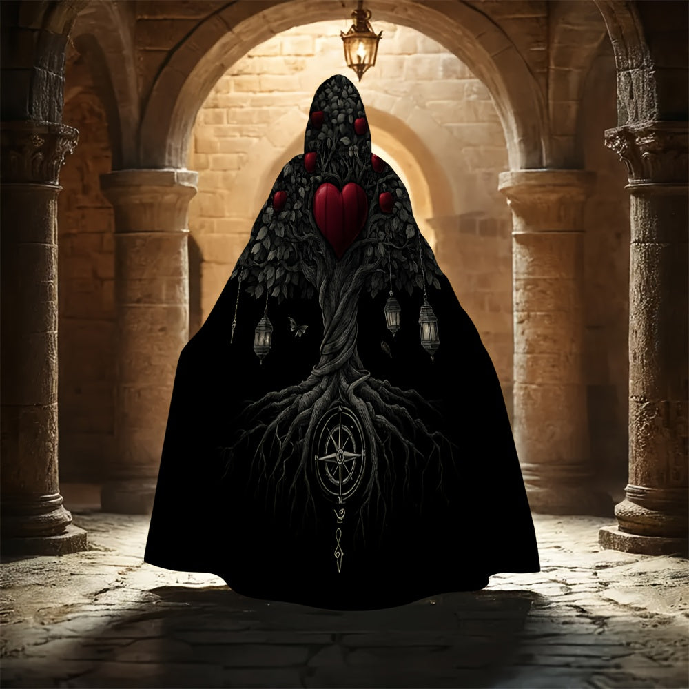 Women's Gothic Witch Cape Robe Costume - Long Flowing Dark Robe with Heart Tree & Pentagram Design, Flowing Cape - Heavy-Duty Fabric for Cosplay, Themed Parties, Medieval/Fantasy Events - Magical Attire for Wiccan & Witchy Ev