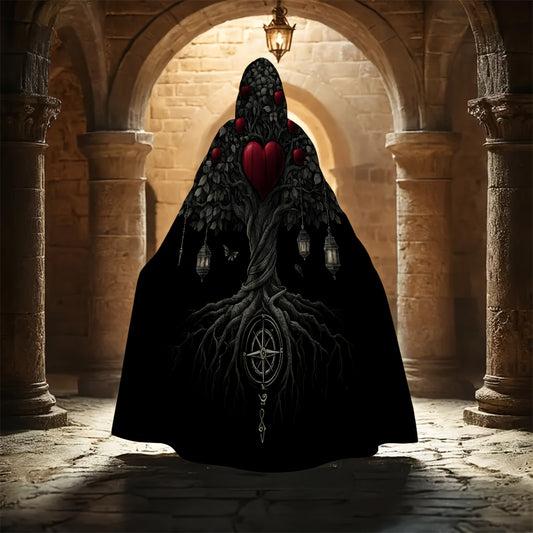 Women's Gothic Witch Cape Robe Costume - Long Flowing Dark Robe with Heart Tree & Pentagram Design, Flowing Cape - Heavy-Duty Fabric for Cosplay, Themed Parties, Medieval/Fantasy Events - Magical Attire for Wiccan & Witchy Ev