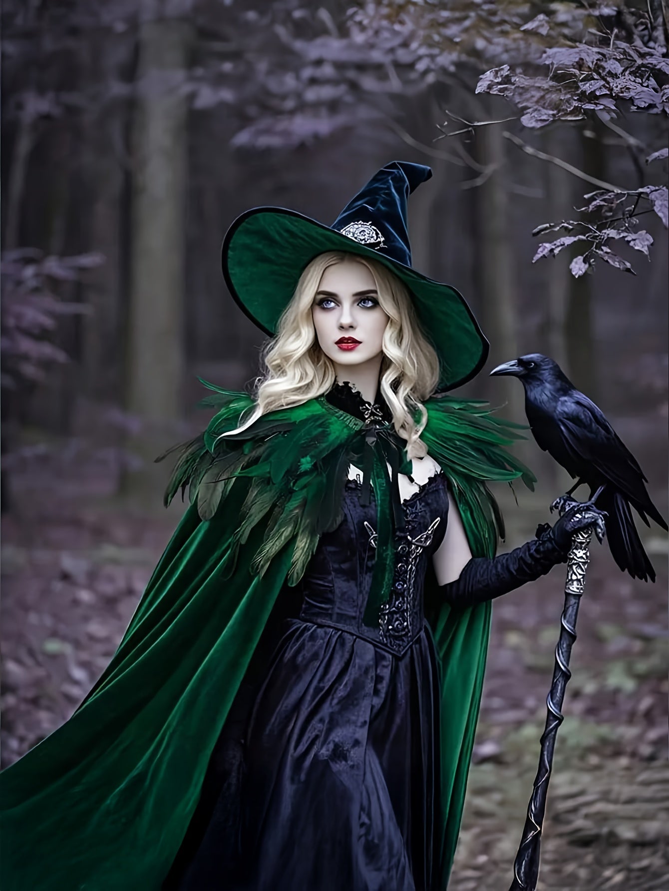 2 PCS Set Gothic Witch Robe & Cape Set - Long Sleeve, Green &, Perfect for Halloween & Carnival Costumes, Stage Props, Fall/Winter Wear, Vintage Style | Knotted Detailing, Witchcraft Clothing Supplies