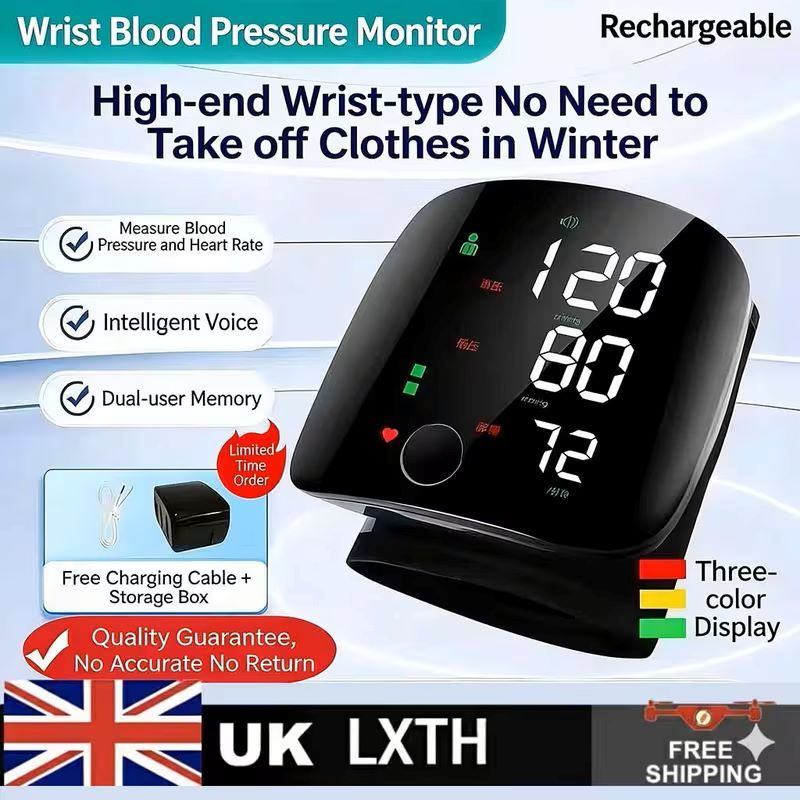 Digital Blood Pressure Monitor with Pulse Detection Function - adjustable wristband, soft LCD display, battery powered, easy to use for adults and teenagers, voice broadcast function, blood pressure wristband