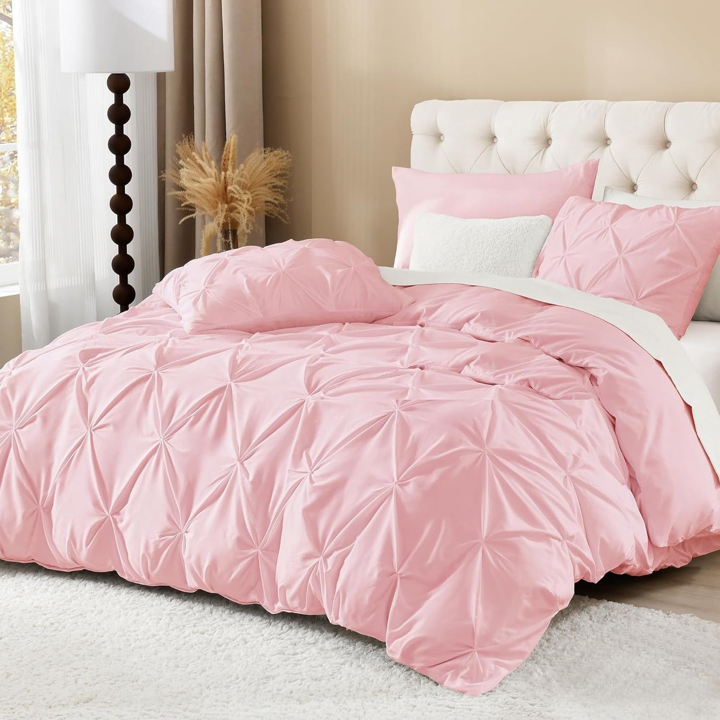 3 PCS Set 5 Colors Charcoal, Pink*Five Star Hotel* Pinch Pleated Luxury High Quality Duvet Cover Set, Soft Pintuck Bedding Sets with Pillowcases