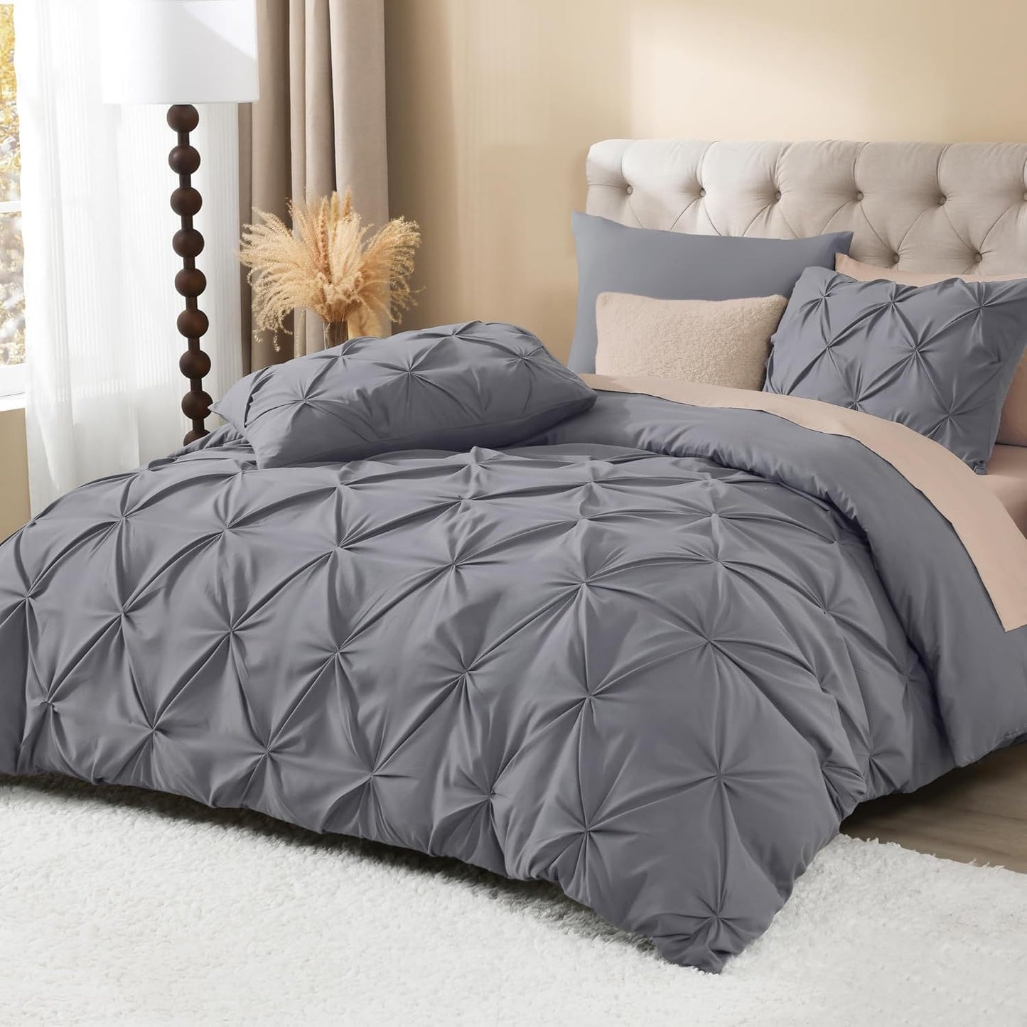 3 PCS Set 5 Colors Charcoal, Pink*Five Star Hotel* Pinch Pleated Luxury High Quality Duvet Cover Set, Soft Pintuck Bedding Sets with Pillowcases