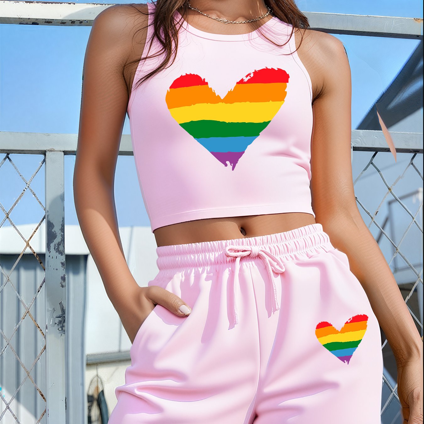 2PCS Set 5 Colors Women's LGBTQ+ Pride Heart Graphic - Sleeveless Vest & Loose Shorts Outfit in Red with Green/Purple Stripes, Drawstring Waist - Machine Washable Lounge, Party, Everyday Outfits