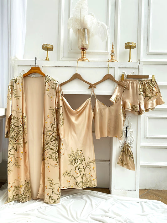 5 PCS Set UK XL-5XL (18-26) for Curvy Women, Featuring a Stylish Cherry Print Sleep Robe, Camisole, Shorts, And a Storage for All Seasons