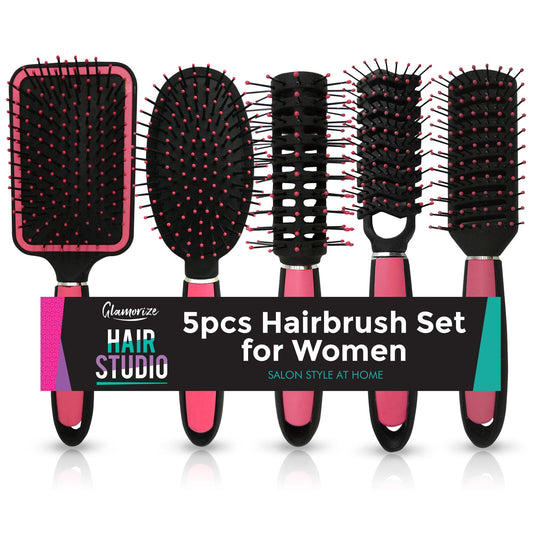 5  PCS Set Hair Brush for Women | Professional Pink Hairdressing Brushes | Paddle, Cushion, Round, Zig Zag & Vented Styling Brushes | Salon & Home Hair Brush Kit for Detangling, Volume & Smooth Styling