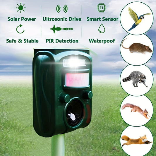 Upgrade Solar-Powered Ultrasonic Animal Repellent, Farm Home Garden Action-Sensor LED Flashlight - Waterproof IP66, Dog, Cat, Squirrel, Raccoon, Skunk, Rabbit, Rodent, Fox, Deer Repellent, 36.83x10.92x5.33 cm, Outdoor Securi