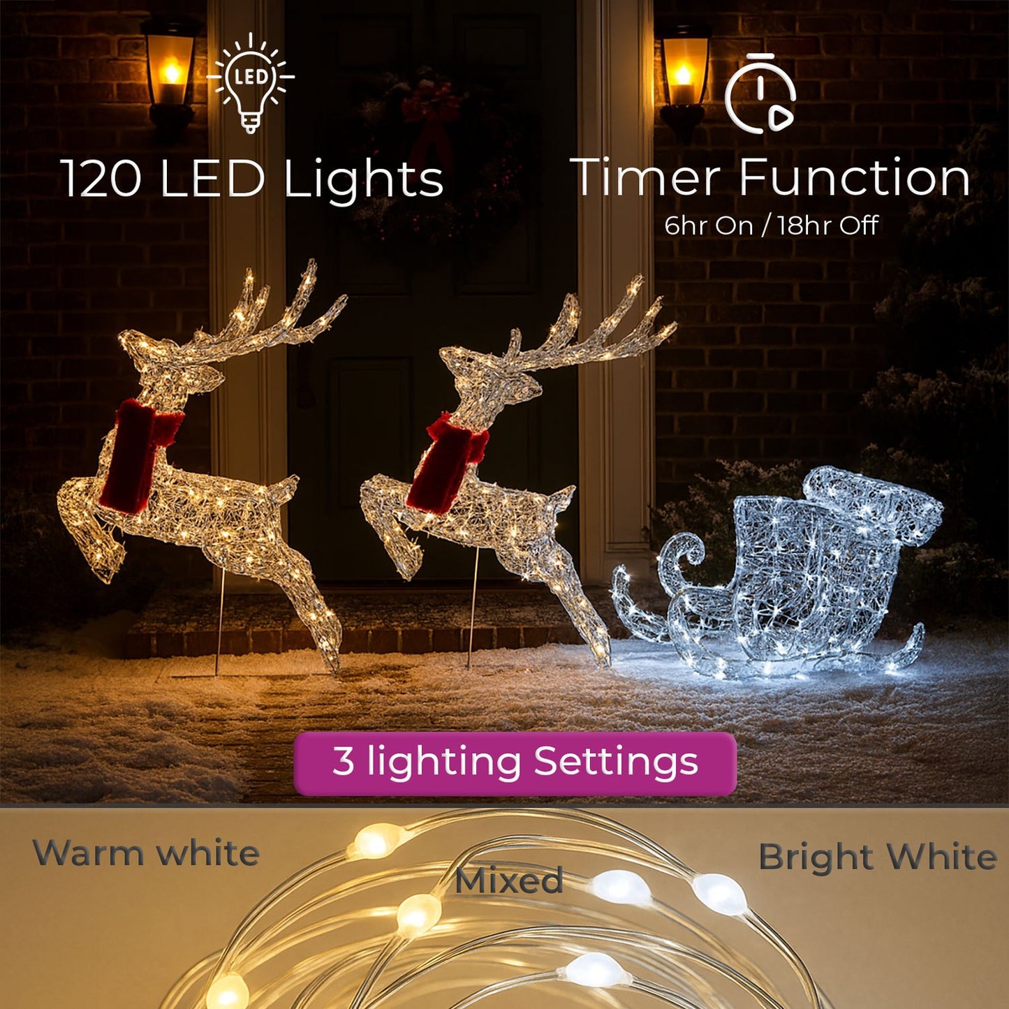 Neo 240 LED Christmas Sleigh Reindeer Outdoor Decoration Warm Bright White Mixed Light Effects Timer 65cm Reindeers Weatherproof Frame 6 Ground Hooks Included