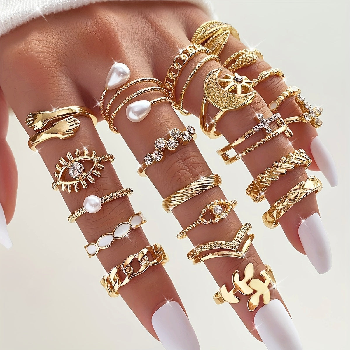 22 PCS Set Stylish Vintage Rings Featuring Leaves, Eyes, Moons, Crosses, Rhinestones, And Faux Pearls, Perfect for Parties, Dates, And Everyday Wear
