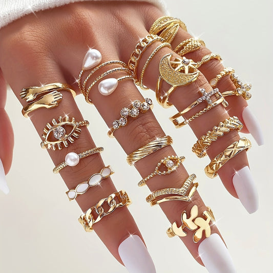 22 PCS Set Stylish Vintage Rings Featuring Leaves, Eyes, Moons, Crosses, Rhinestones, And Faux Pearls, Perfect for Parties, Dates, And Everyday Wear