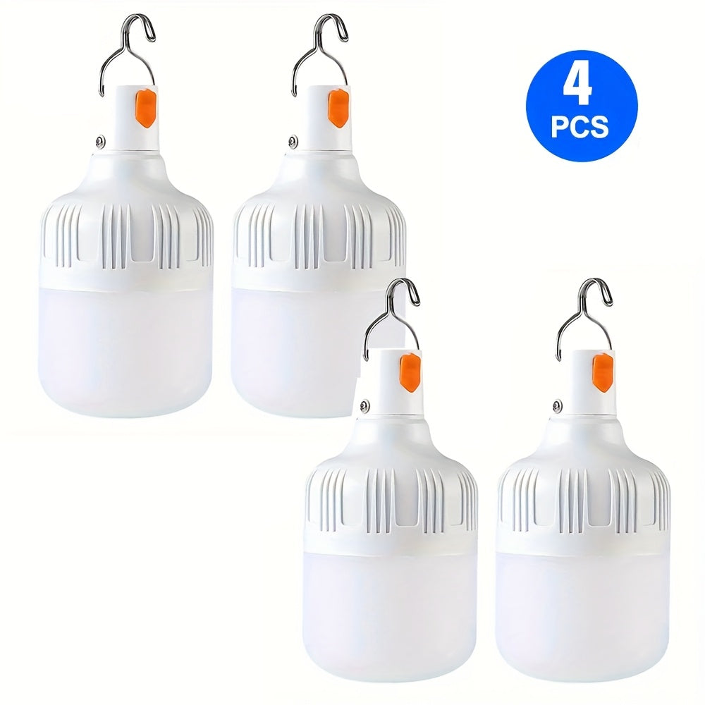 4 PCS Set Rechargeable LED Camping Bulbs, USB-Charging Portable Lanterns, High-Brightness Lighting with Hooks for Camping, Fishing, Yard, Street Vending, Emergency & Commercial Use