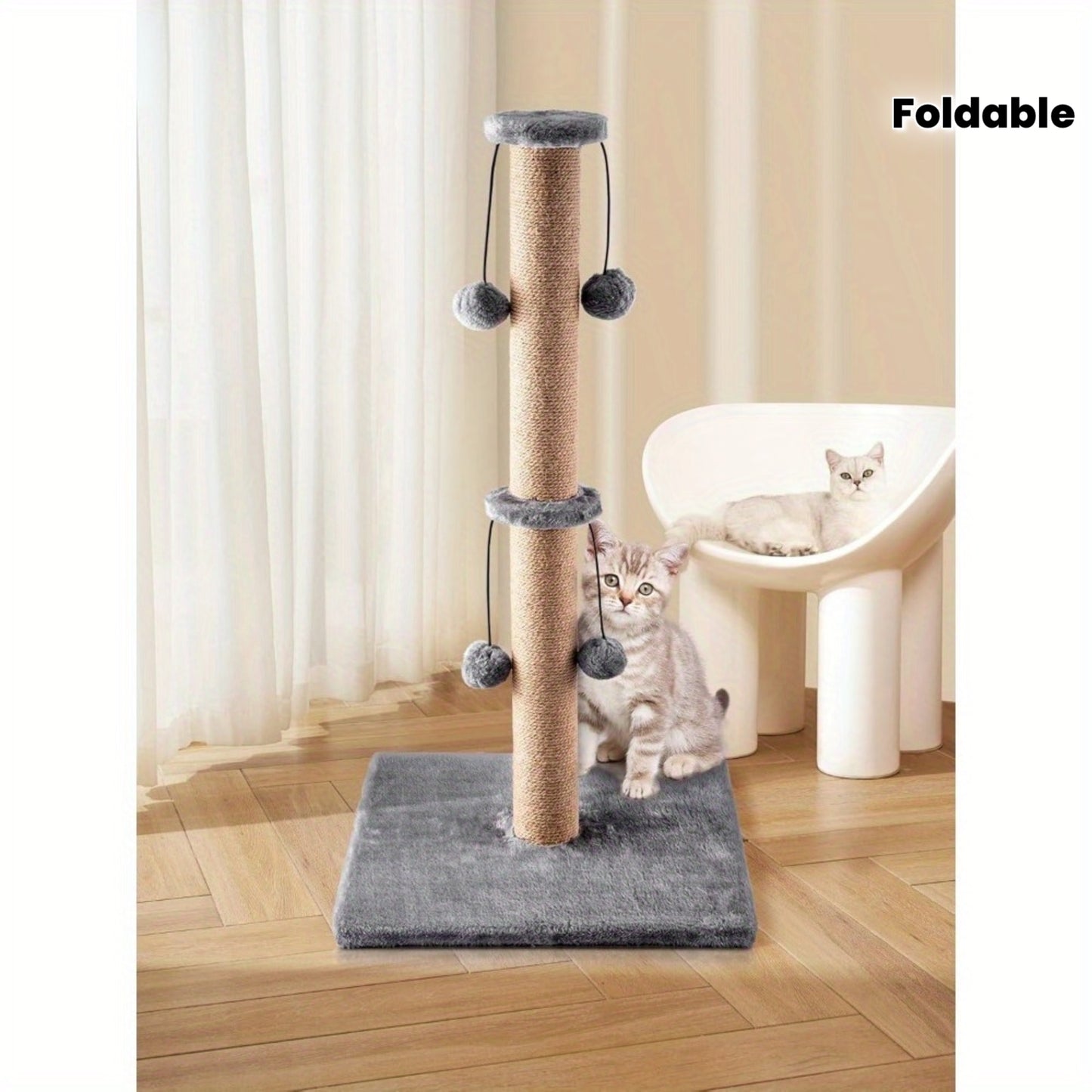 Cat Scratching Post 74cm Foldable Bottom Tall Cat Claw Scratcher with 4 Toy Ball Natural Sisal Scratch Pole and Soft Carpet Covered Heavy Base Modern Stable Design for Cats Gray