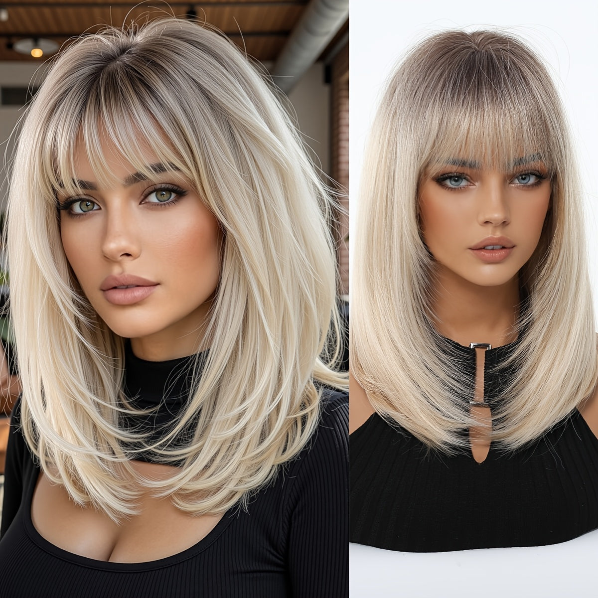 NEW Women's Short Straight Bob Wig with Bangs - White/Golden Dark Root Short Cut Synthetic Hair, Heat-Resistant Fiber Suitable for Daily Use, Parties, Photo Shoots - No Lace Front Women Hair Care Supplies