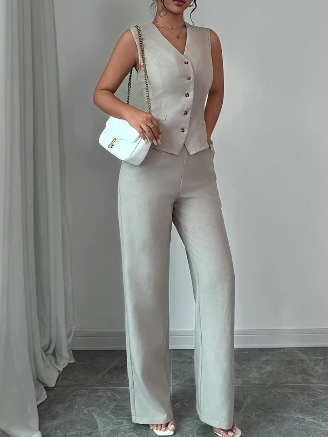 2 PCS Set UK 8-18 Size 5 Colors New Summer Women's Casual Elegant Chic Solid Color Sleeveless Single-Breasted Waist-Cinching Vest + High-Waist Wide-Leg Pants