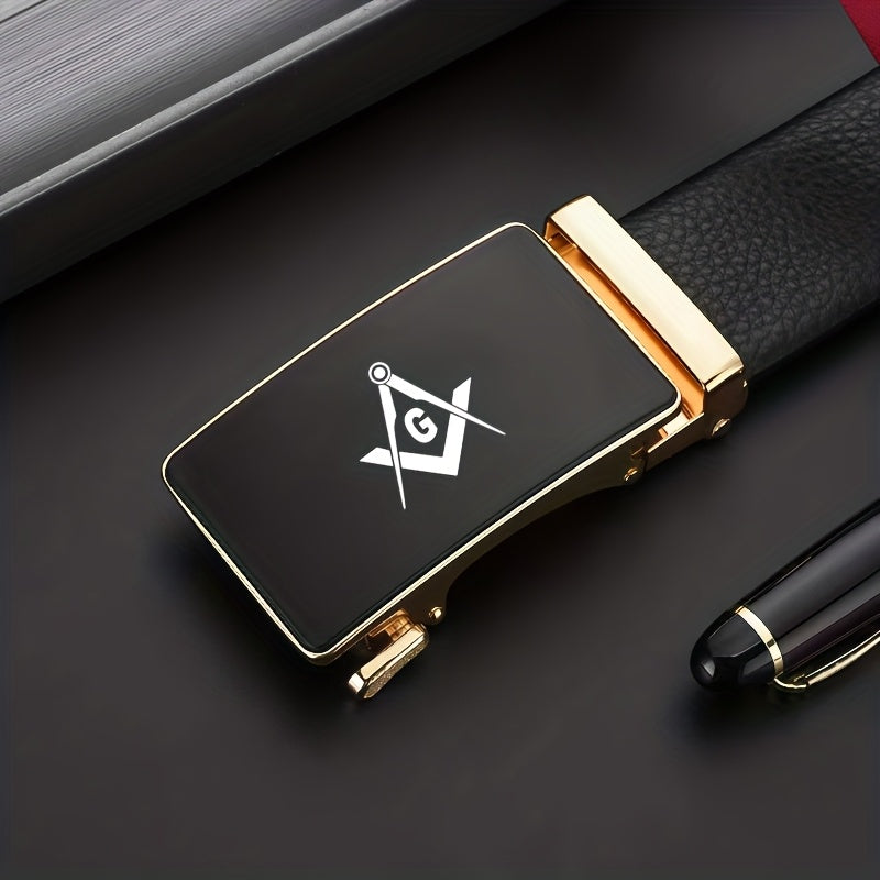 Freemason G-Inspired Pattern Men's Business Leather Belt, Fashionable Automatic Buckle for Secure and Effortless Wear, A Must-Have for Gentlemen, Suitable for Commuting and Travel, High Quality Belt