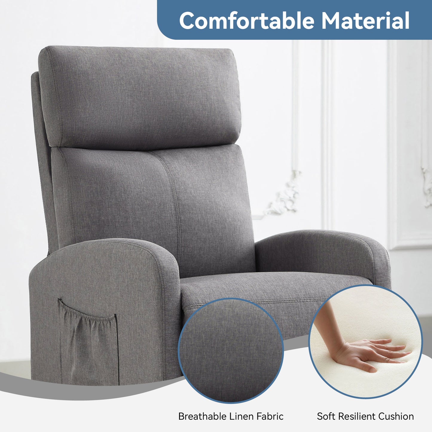 Push Back Recliner Chair Bed , Single Sofa with Lumbar Support, Padded Backrest, Side Pocket and Adjustable Leg Rest for Home Living Room