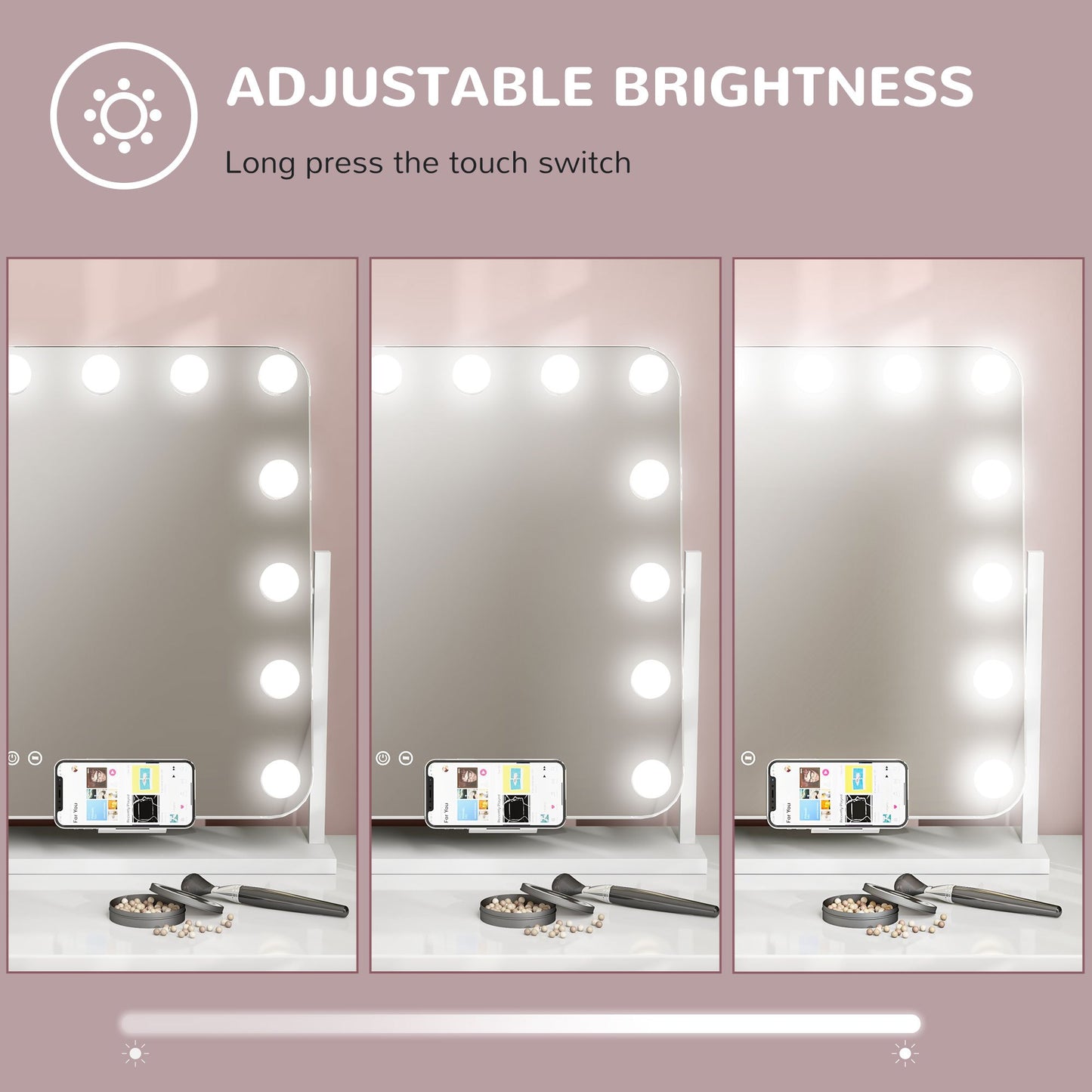 Hollywood Vanity Mirror with Lights, Large 63x50 cm Lighted Makeup Mirror with 3 Colour, 14 LED Bulbs, 10X Magnifying, USB Charging Port, Phone Holder, 360 Rotation, Touch Screen