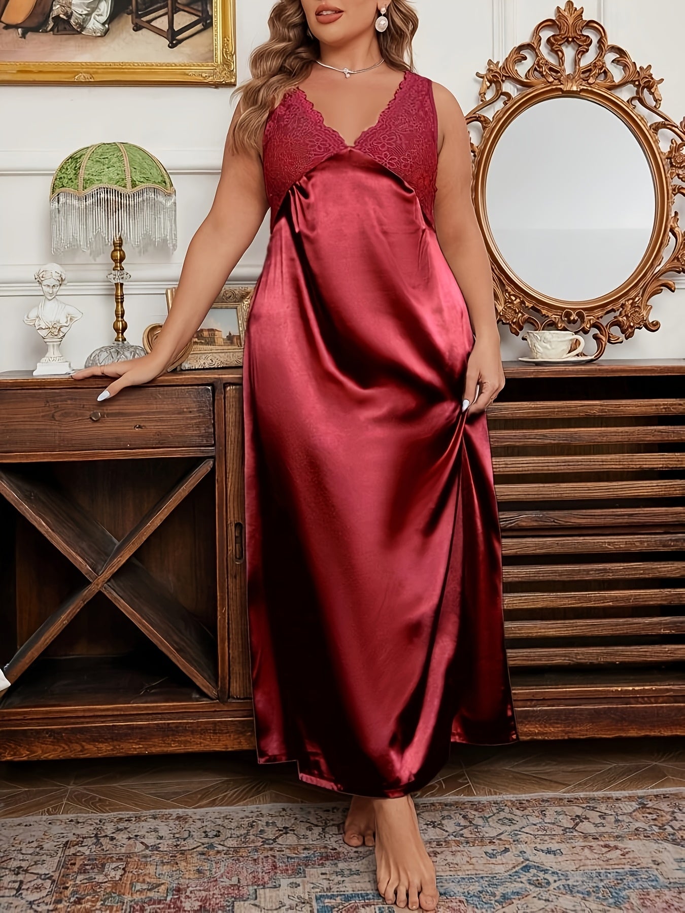 For Curvy Ladies L-4XL UK ( 18-26) Plus Size Women's Solid Color Black/Pink  Lace Trim V-Neck Nightgown - Elegant Satin Blend, ,All-Season Sleepwear Women Luxury Loungewear
