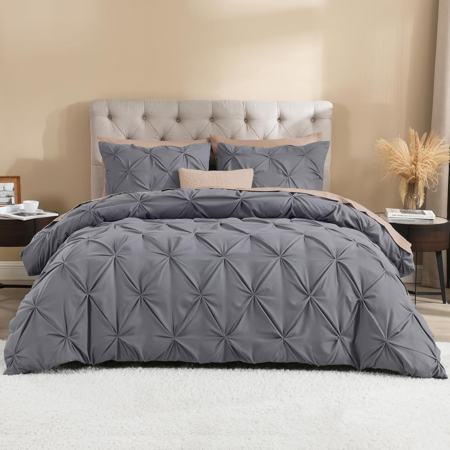 3 PCS Set 5 Colors Charcoal, Pink*Five Star Hotel* Pinch Pleated Luxury High Quality Duvet Cover Set, Soft Pintuck Bedding Sets with Pillowcases
