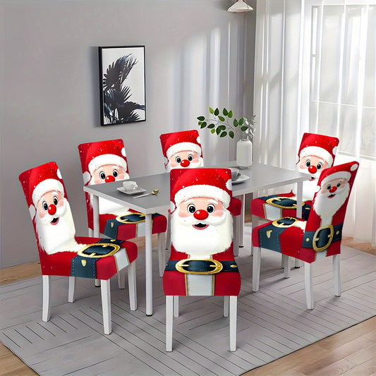 2pcs/4pcs/6pcs Christmas Santa Claus Pattern Printed Elastic Chair Covers, Full Coverage Dining Chair Slipcovers, Holiday Atmosphere Decor, Connected Home Stool Covers