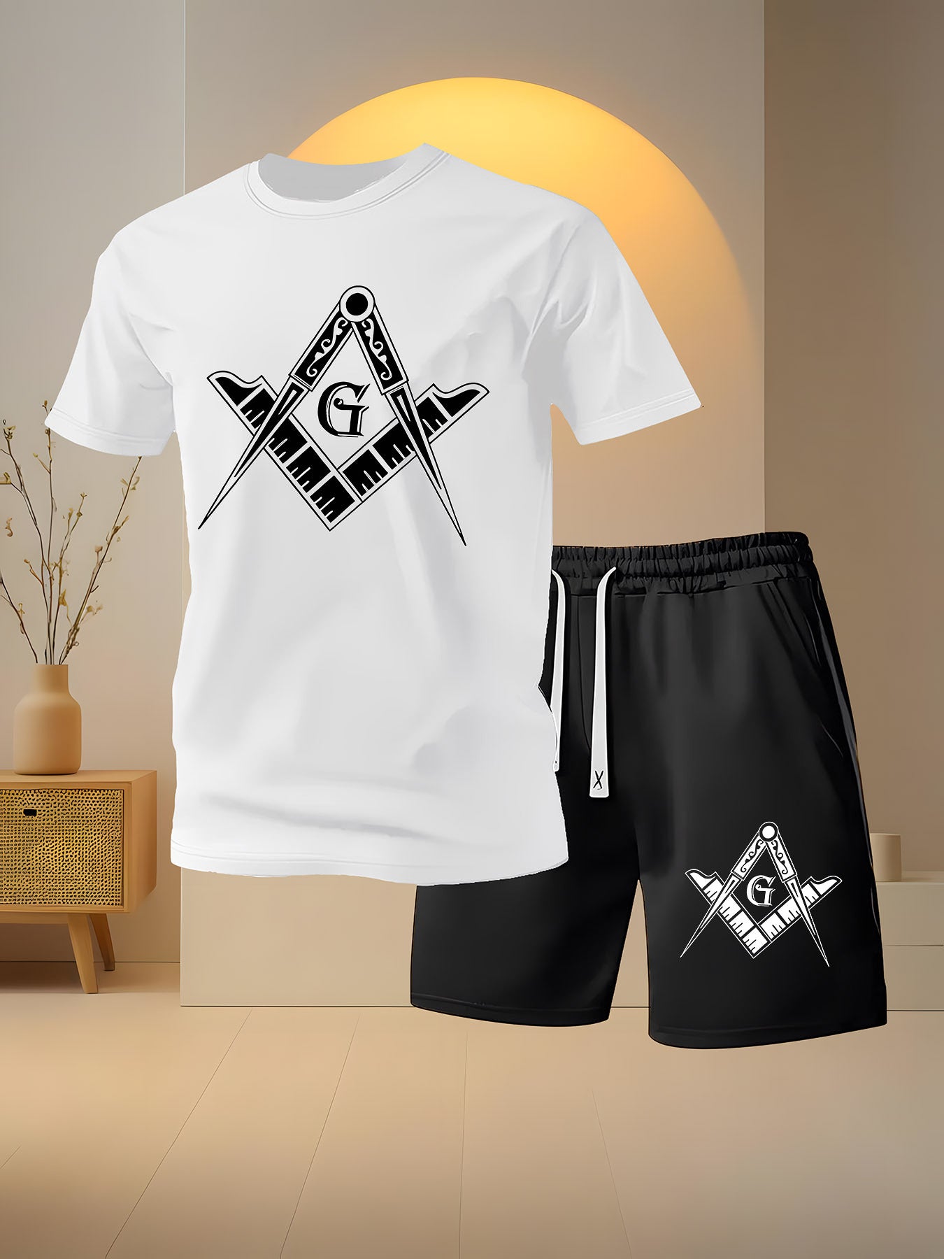 2 PCS Set Freemasonry Logo Print Men's Fashion Casual, Round Neck Short Sleeve T-Shirt and Drawstring Shorts Spring Summer Sportswear Outfit