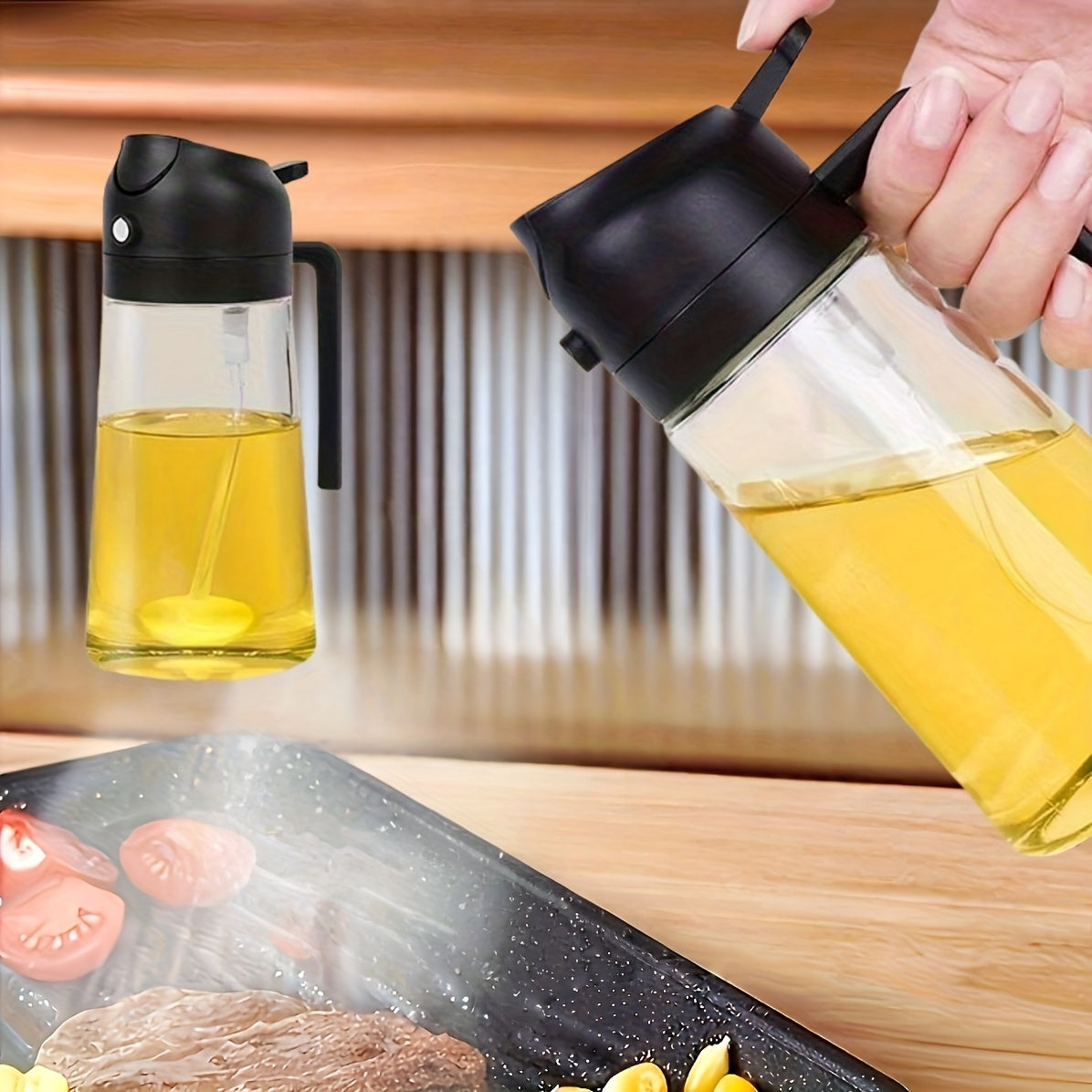 2 in 1 470ml Leak-Proof Dual Oil Dispenser Bottle, Made of Plastic with a Dual-squeeze Cap, Ideal for Cooking, Frying, Salad Dressings, Grilling, Air Frying, Outdoor Barbecues, and Home Kitchen Use. Easy to Clean and Durable