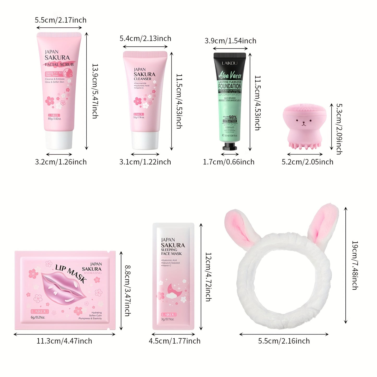 15PCS Set Japanese Sakura Facial Cleansing & Moisturizing with 5pcs Sleeping Mask, 5pcs Lip Mask, 50g Facial Wash, 80g Facial Scrub, Cute Hairband & Cleansing Brush, Gently Clean Skin, Free Gift Of Aloe Vera Foundation, Full