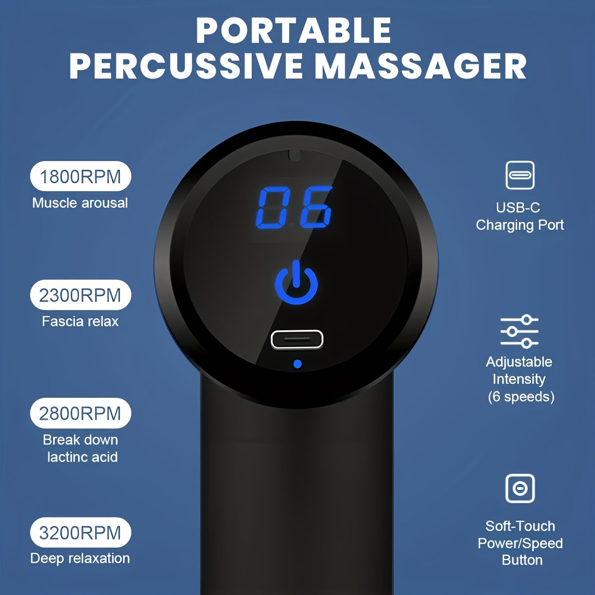 4-Head Interchangeable Massage Gun, 6 Adjustable Levels, LCD Display, Low Noise, USB Rechargeable, Perfect Holiday Gift!