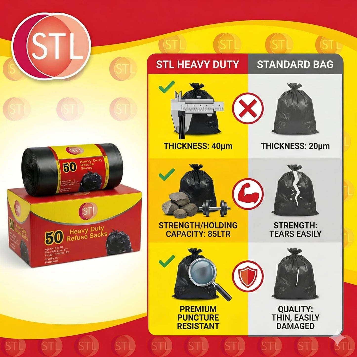 100 PCS Set Extra Strong Heavy Duty Black Bin Liners Rubbish Bags Waste Refuse Garbage Sacs Home Office Cleaning Accessories