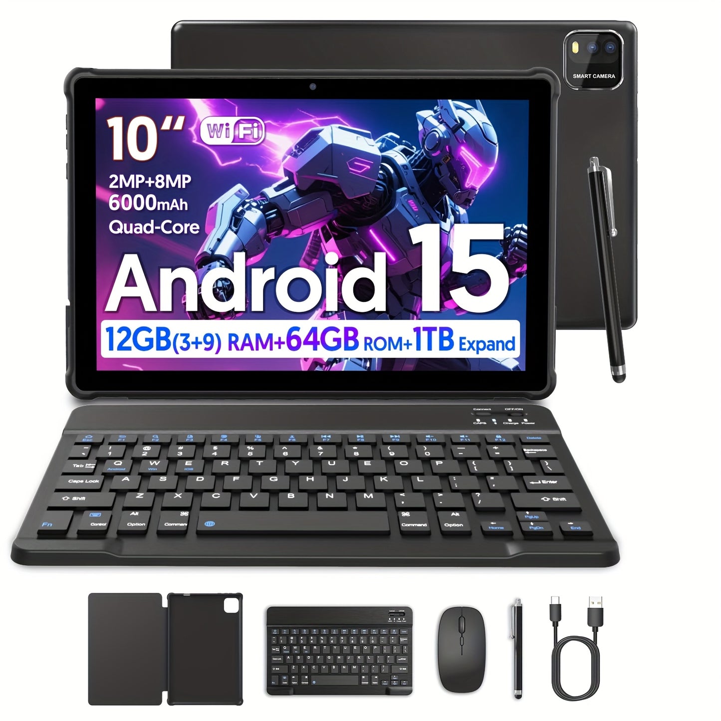 Full Set 10 Inch 2-in-1 Tablet with Keyboard/protective Case/mouse/stylus, Quad Core Android 15 Tablet 12 (3+9 Expansion) GB+64GB+1TB Expansion Tablet, 1280 * 800 IPS Touchscreen Tablet, 2.4G/5G WiFi 6, 2MP+8MP Dual Cameras,
