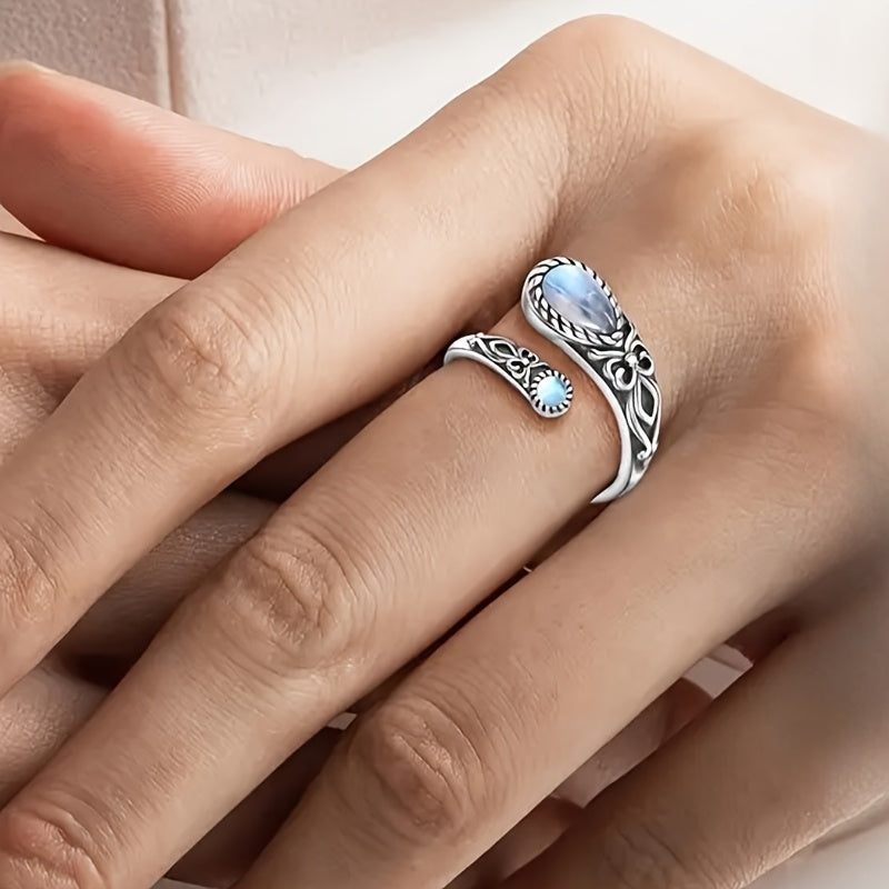 Bohemian Flower Moonstone Ring for Women - Adjustable Open Ring with White Copper, Vintage-Inspired Design for Daily Wear & Special Occasions, Vintage Jewelry, Bohemian Style, Moonstone Accent